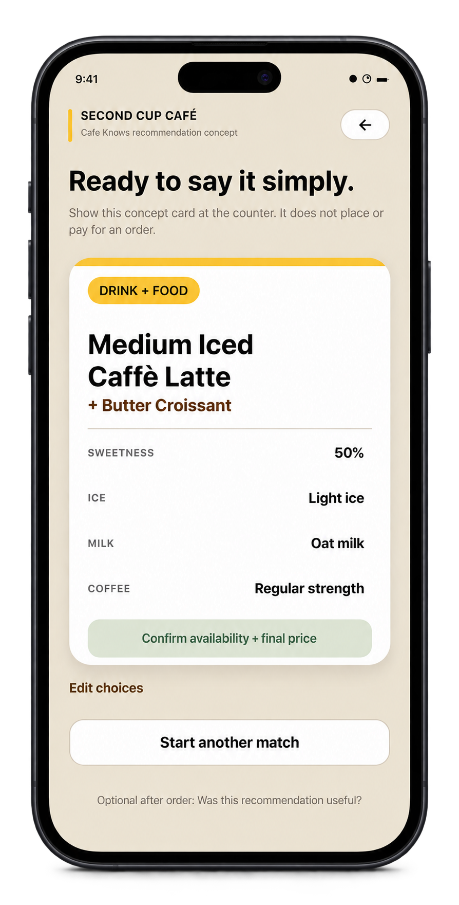 Cafe Knows Order card screen