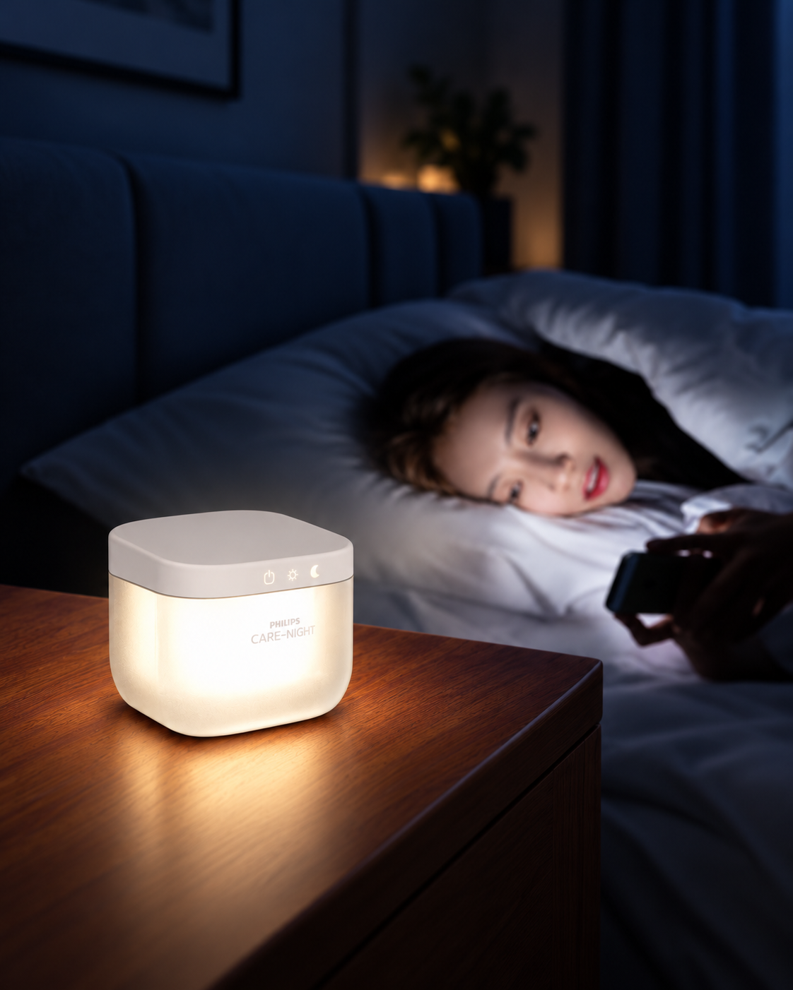 Care-Night lamp softly illuminating a bedside phone interaction