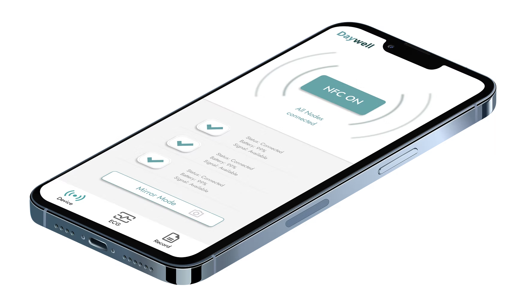 Final Daywell mobile prototype showing NFC pairing and three connected nodes