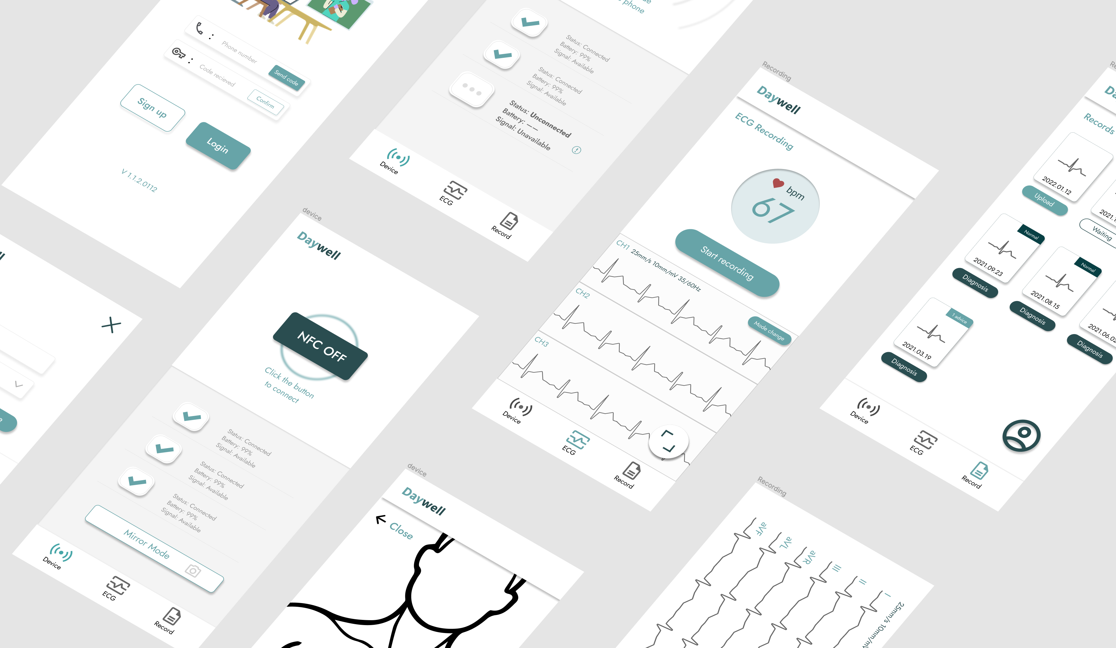 Full visual overview of the final Daywell mobile interface system