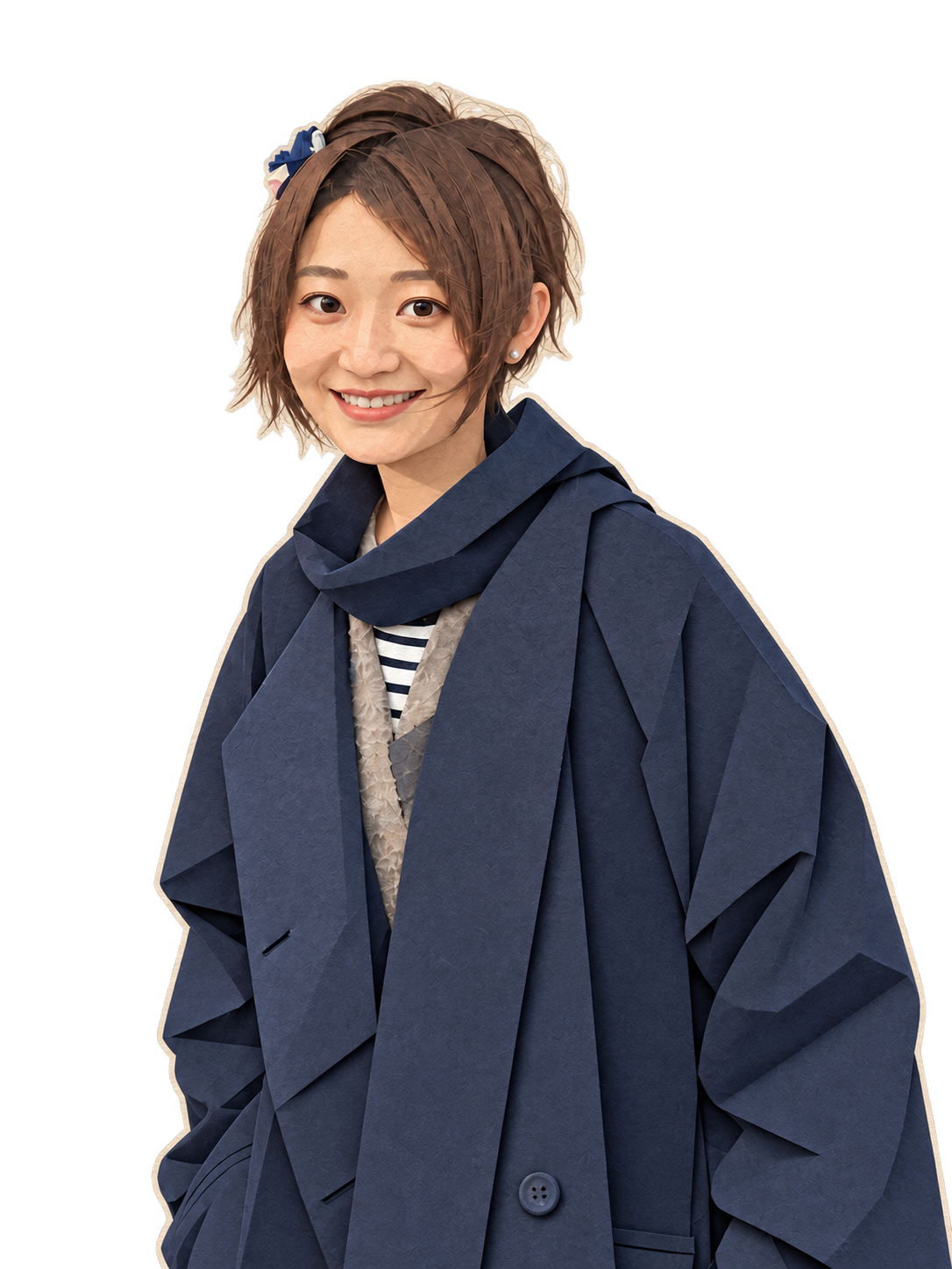 Full-length paper collage portrait of Zoe smiling