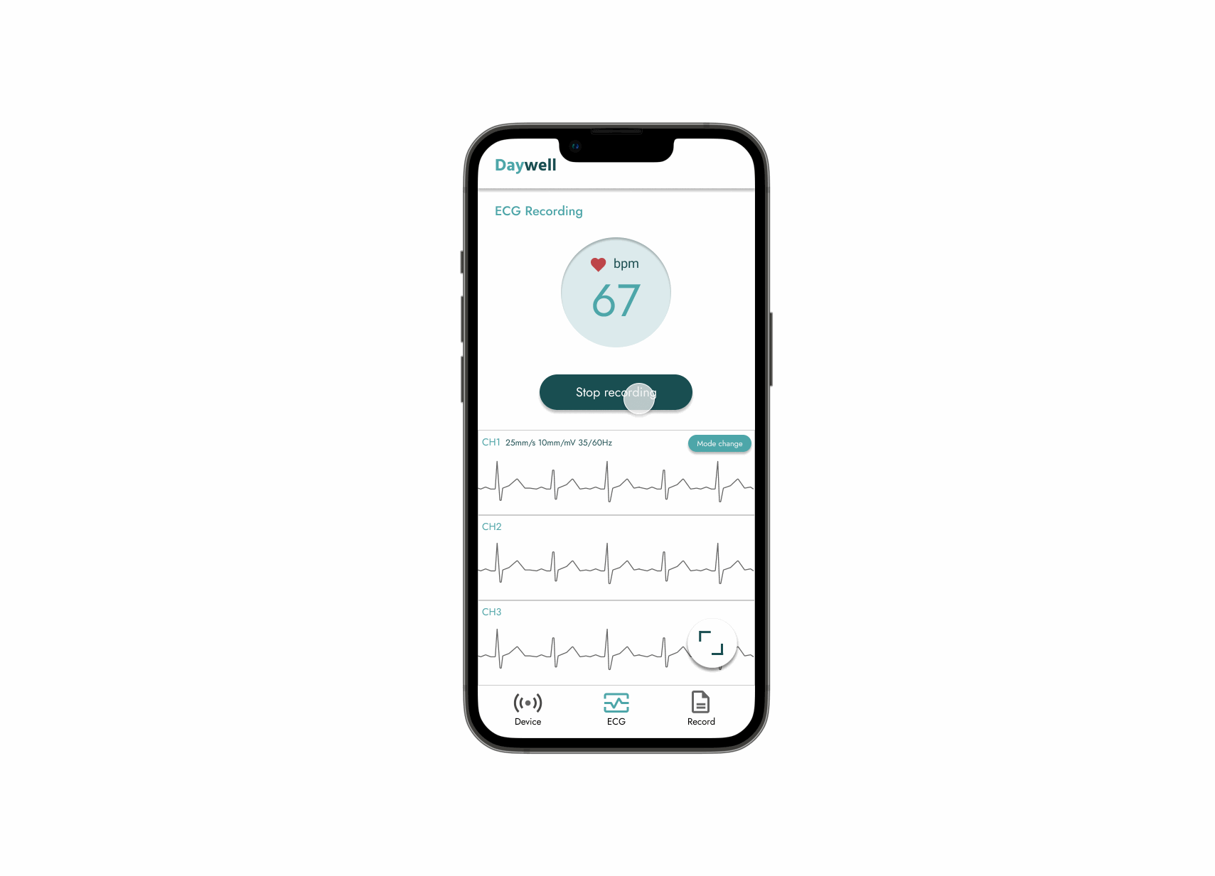 Animated Daywell prototype demonstrating ECG recording and lead mode changes