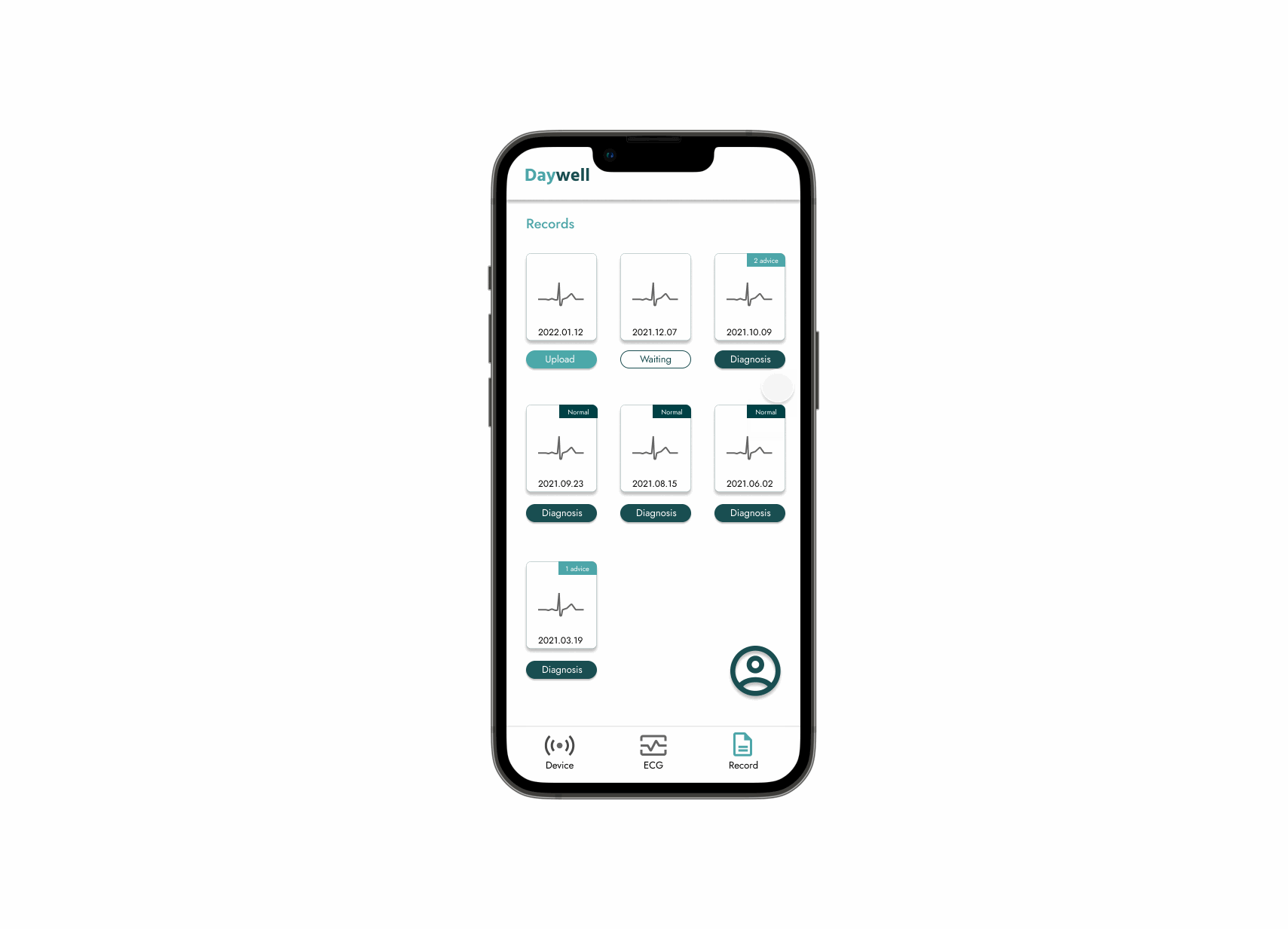 Animated Daywell prototype demonstrating report history and diagnosis access